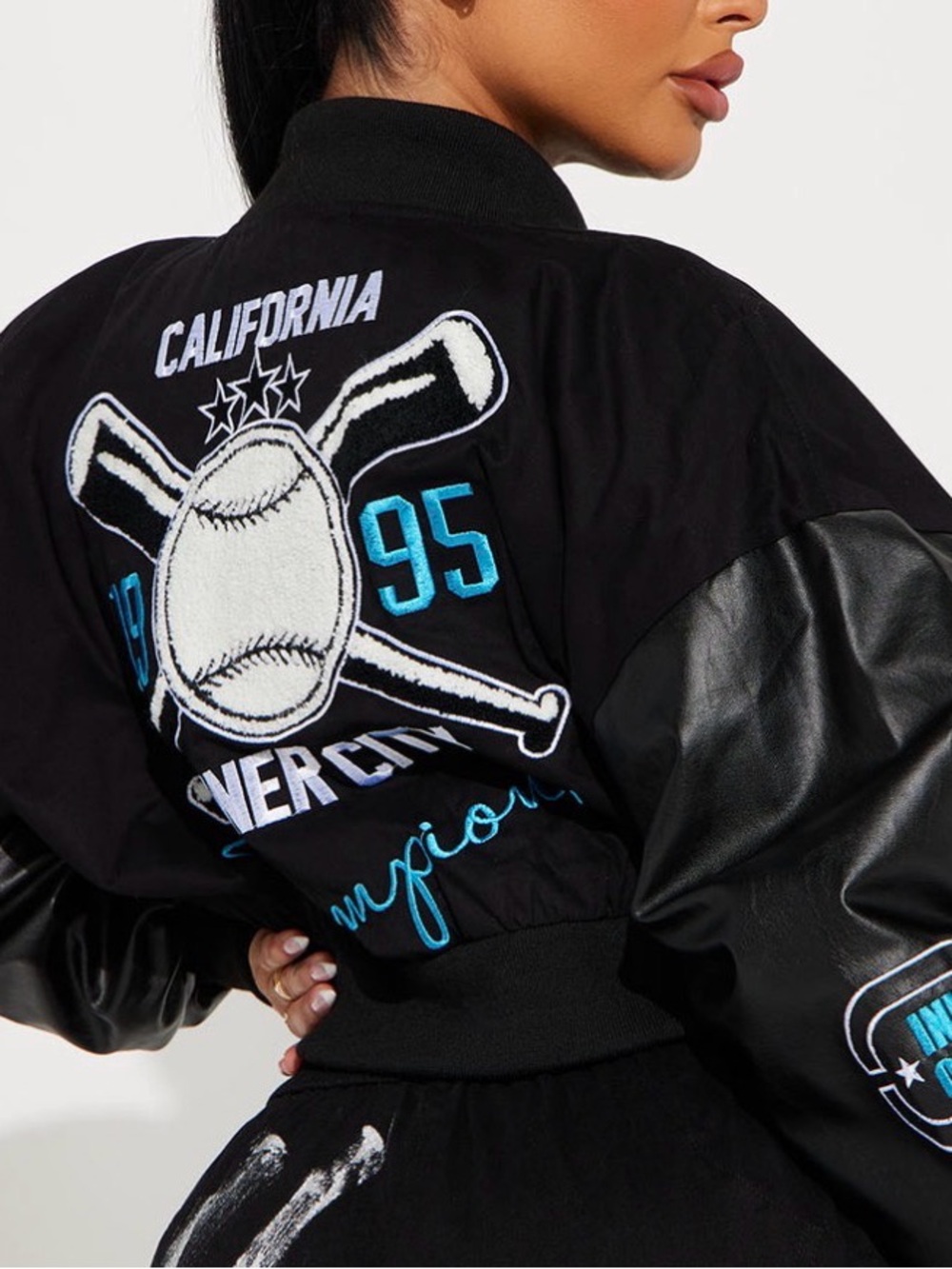 Black California Baseball Embroidered Bomber Jacket